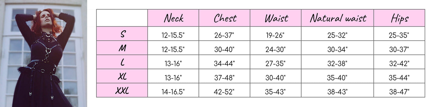 Size chart for a black vegan leather O ring harness set, showing bust, underbust, waist and hip measurements for all corresponding sizes.