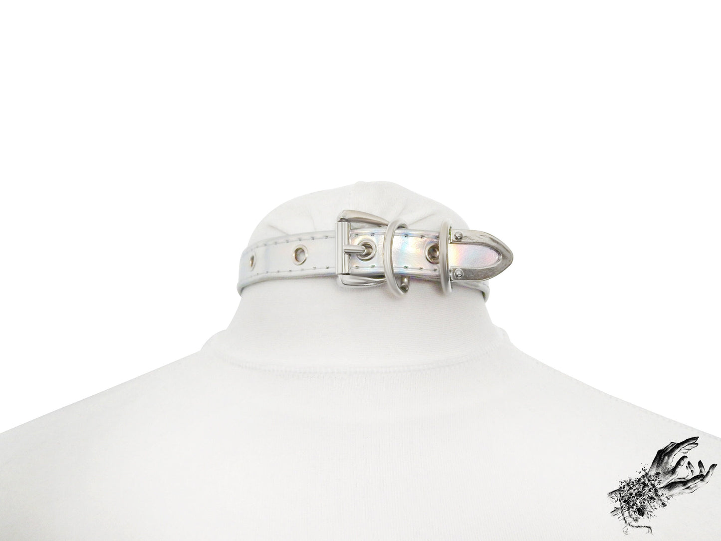 Rear view of a holographic silver bow and bell choker, showing the silver buckle and adjustable holes on a white mannequin bust
