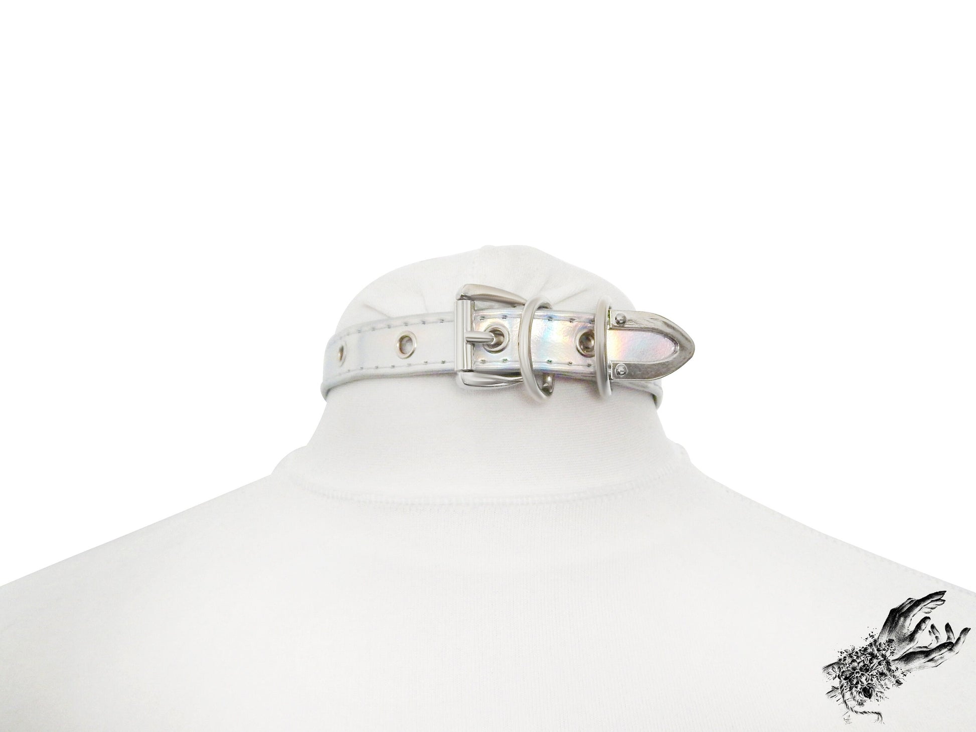 Rear view of a holographic silver bow and bell choker, showing the silver buckle and adjustable holes on a white mannequin bust