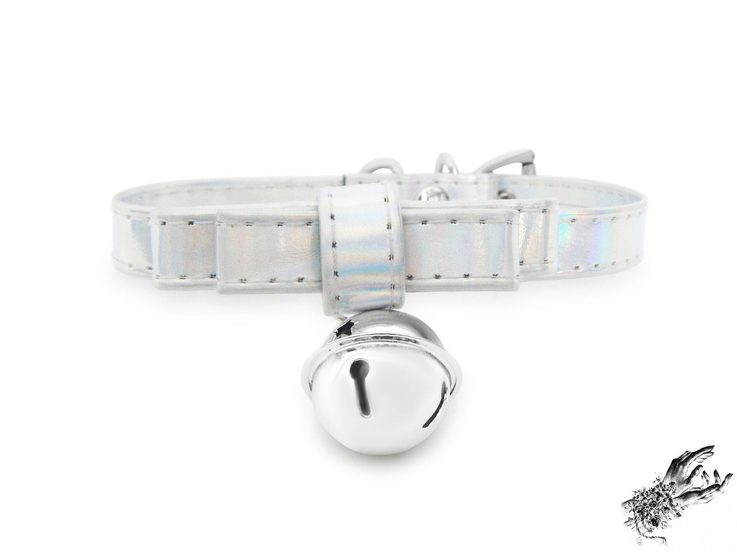 Close-up of a holographic silver bow choker featuring a silver bell with adjustable buckle at the back
