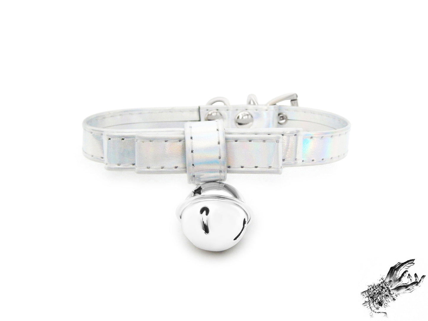 Holographic silver bow choker featuring a silver bell with adjustable buckle at the back
