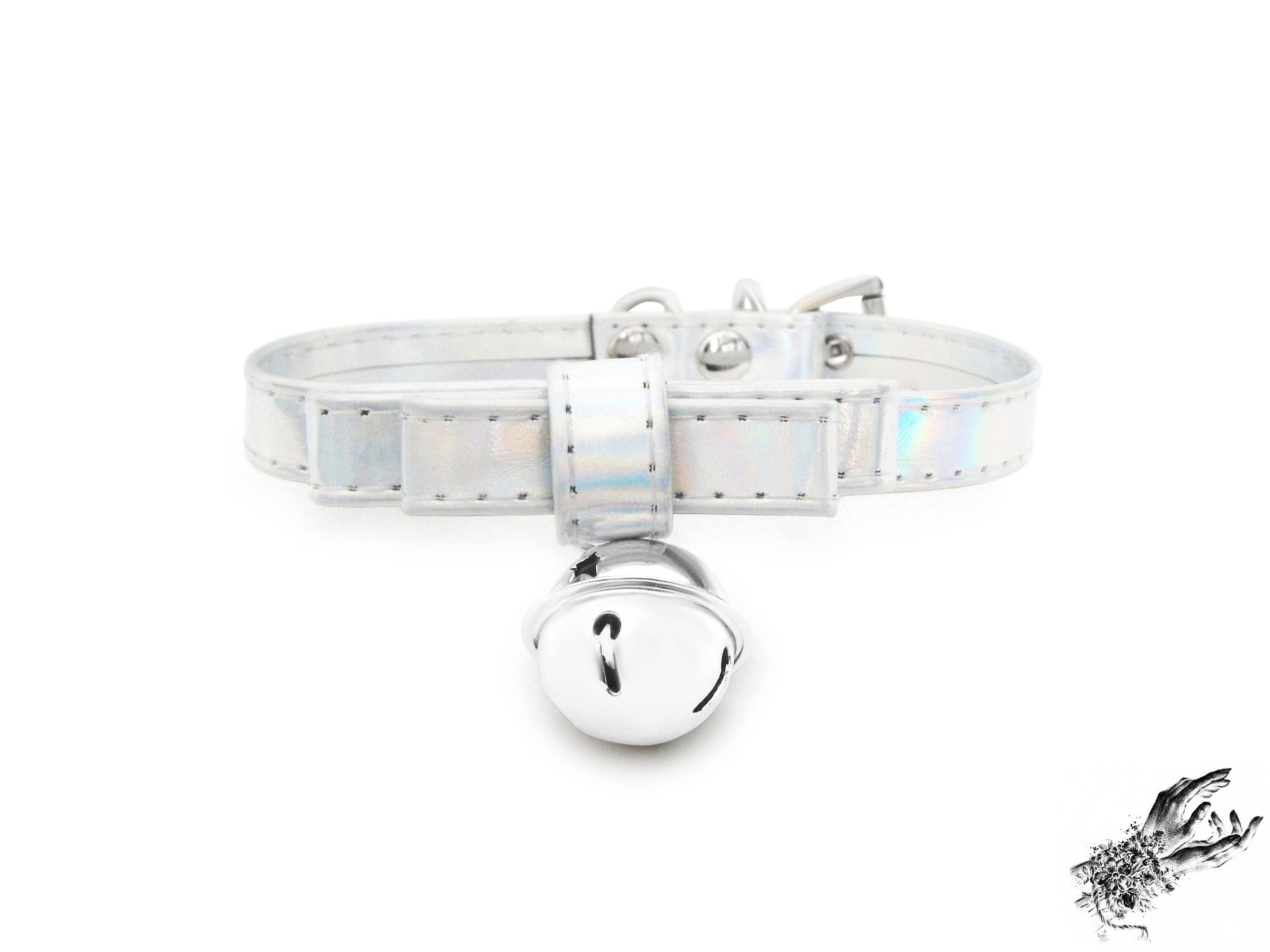 Holographic silver bow choker featuring a silver bell with adjustable buckle at the back