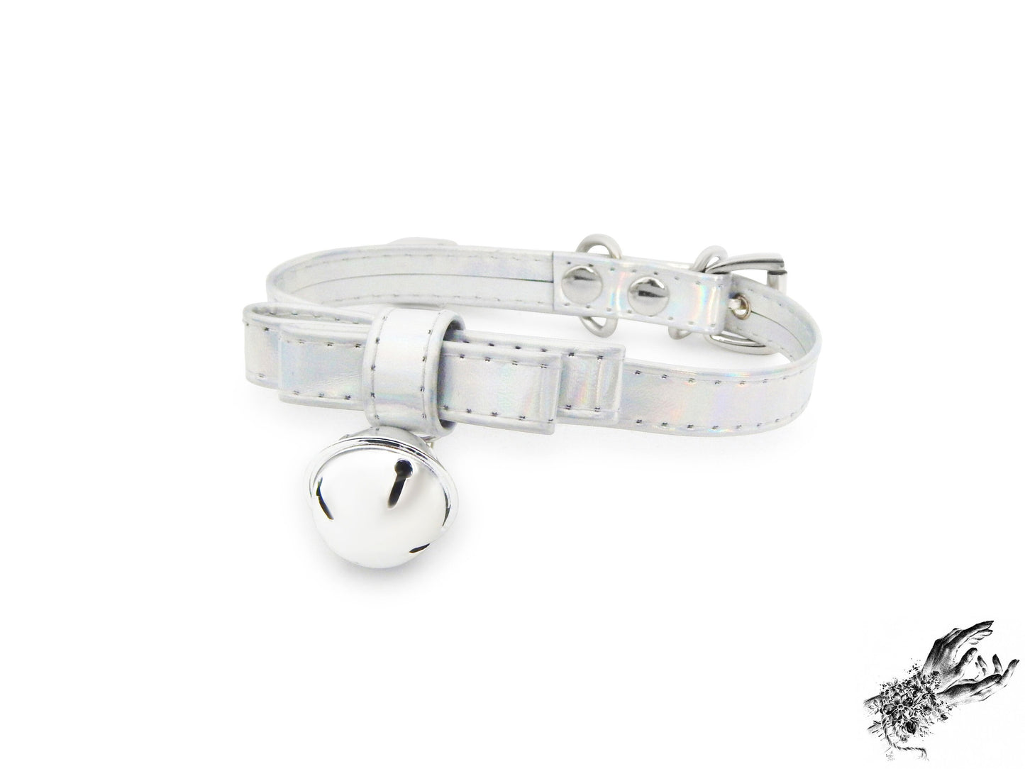 Holographic silver bow choker featuring a silver bell with adjustable buckle at the back