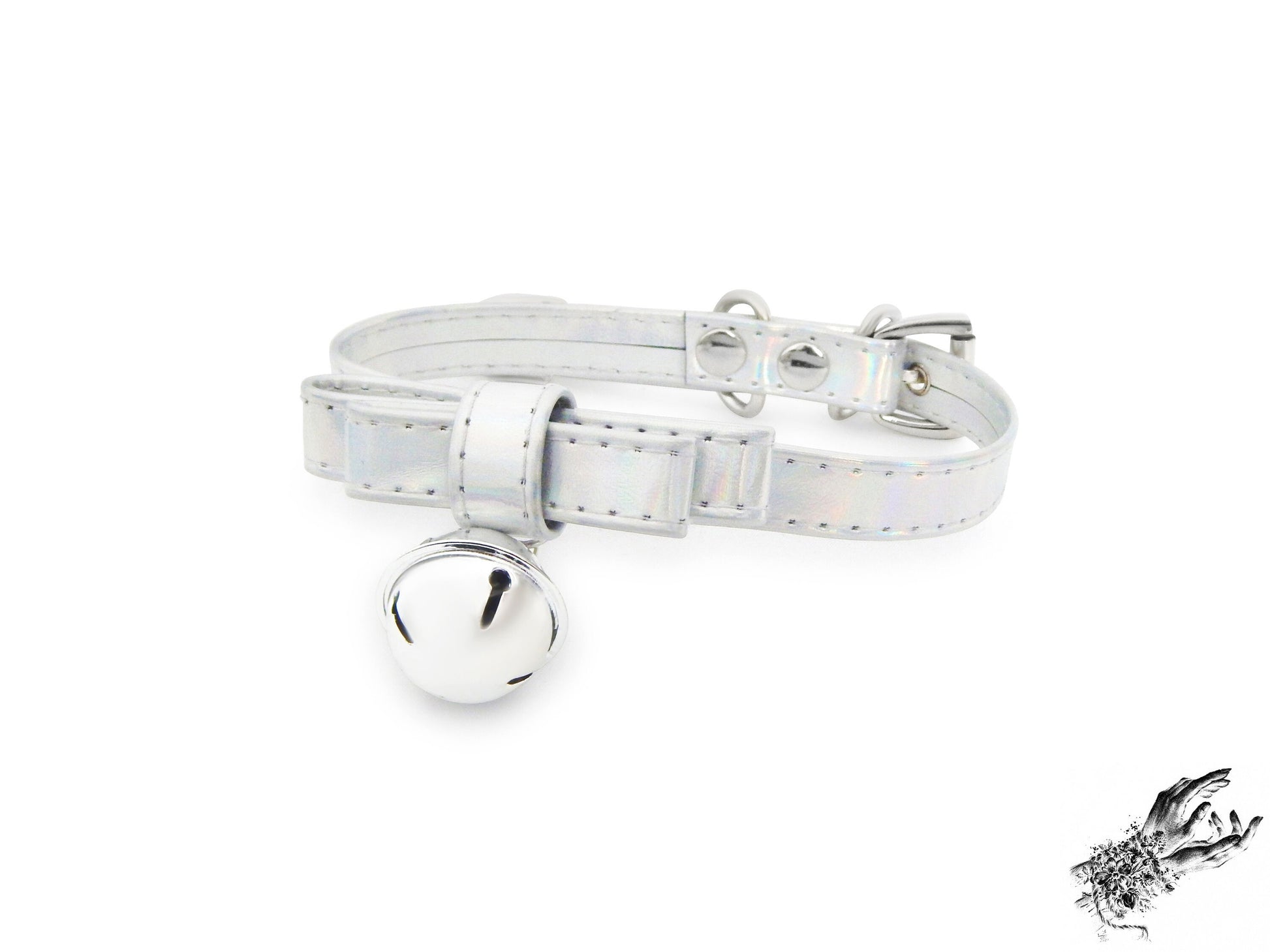 Holographic silver bow choker featuring a silver bell with adjustable buckle at the back
