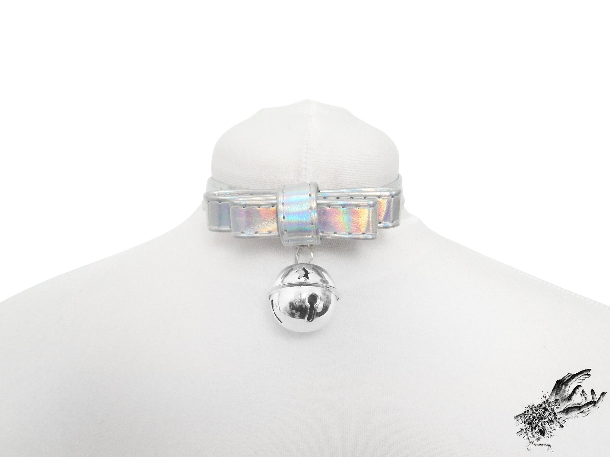 Holographic silver bow choker featuring a silver bell with adjustable buckle at the back, displayed on a white mannequin bust