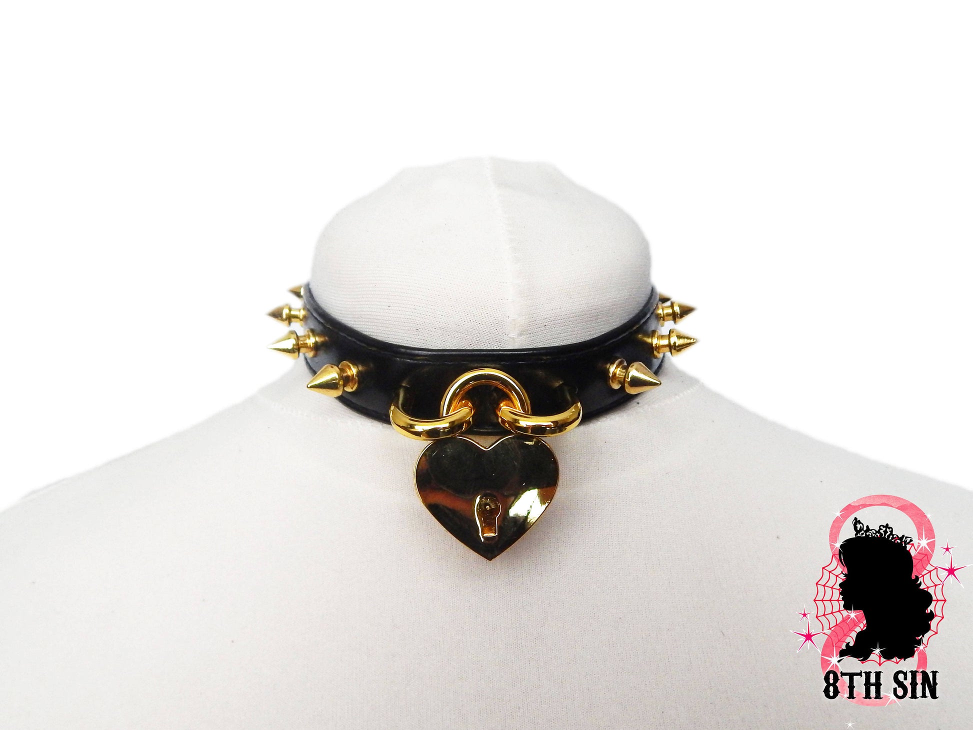 Black and Gold Studded Heart Padlock Choker with Key - 8th Sin