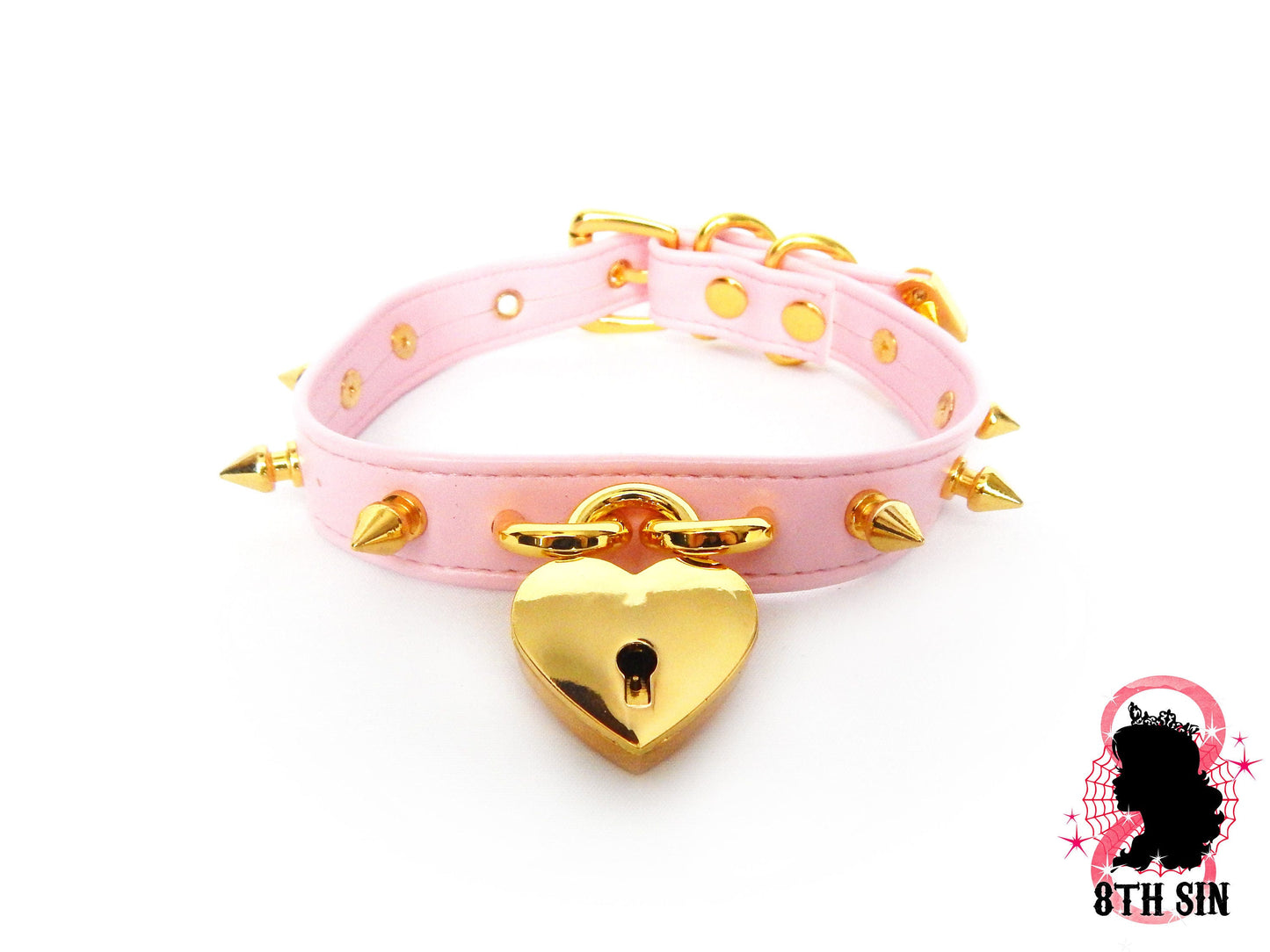Pink and Gold Studded Heart Padlock Choker with Key