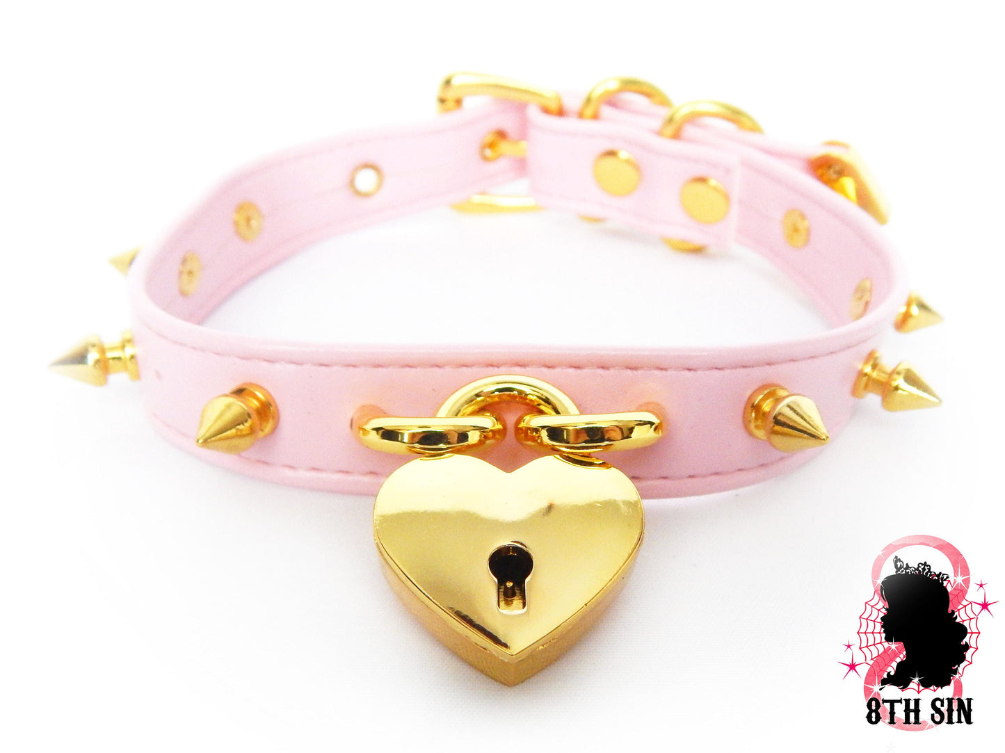 Pink and Gold Studded Heart Padlock Choker with Key