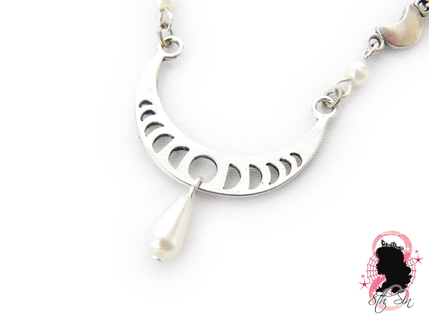 Antique Silver Pearl Moon Necklace - 8th Sin