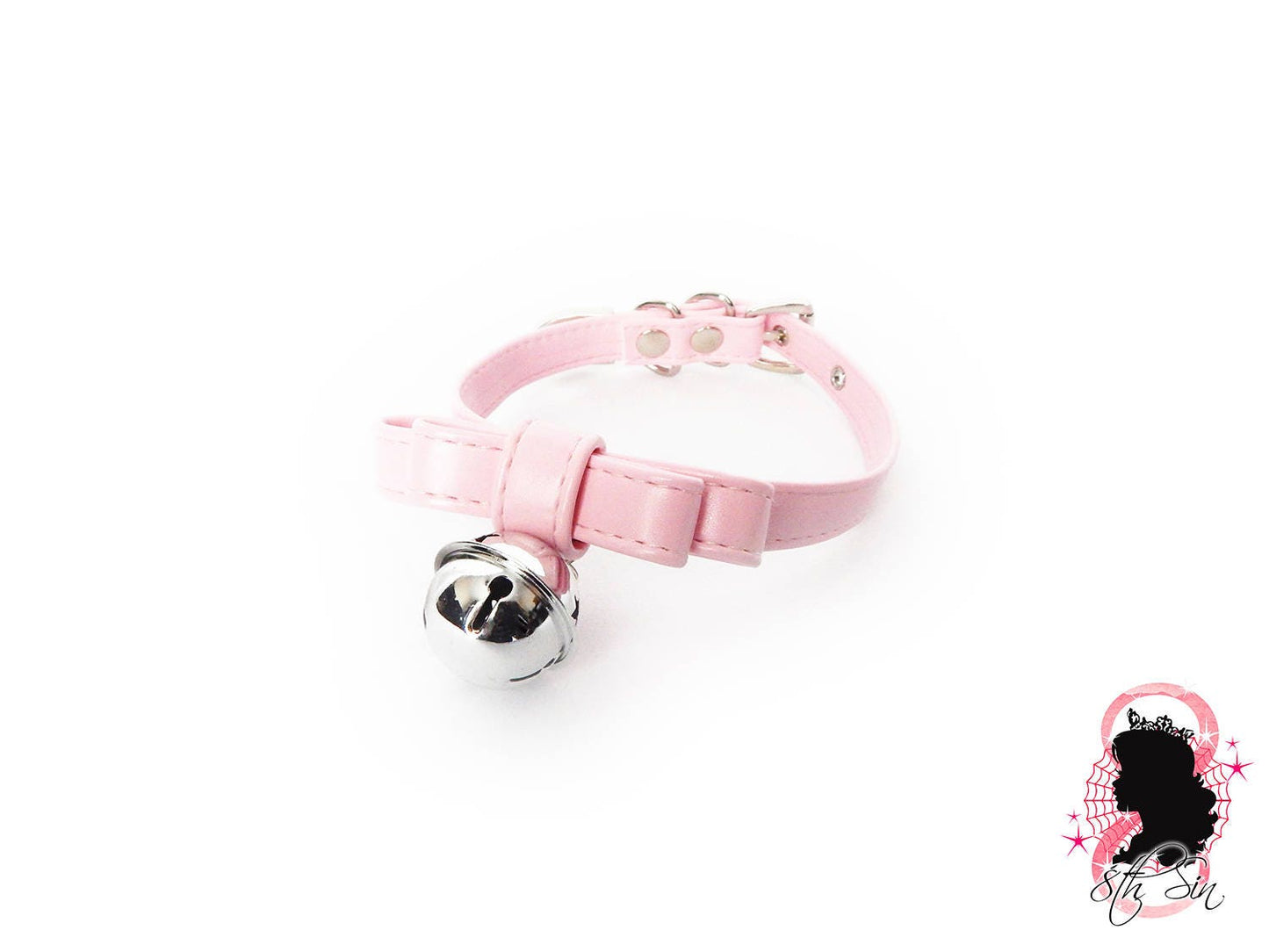 Pink Faux Leather Bow and Bell Choker