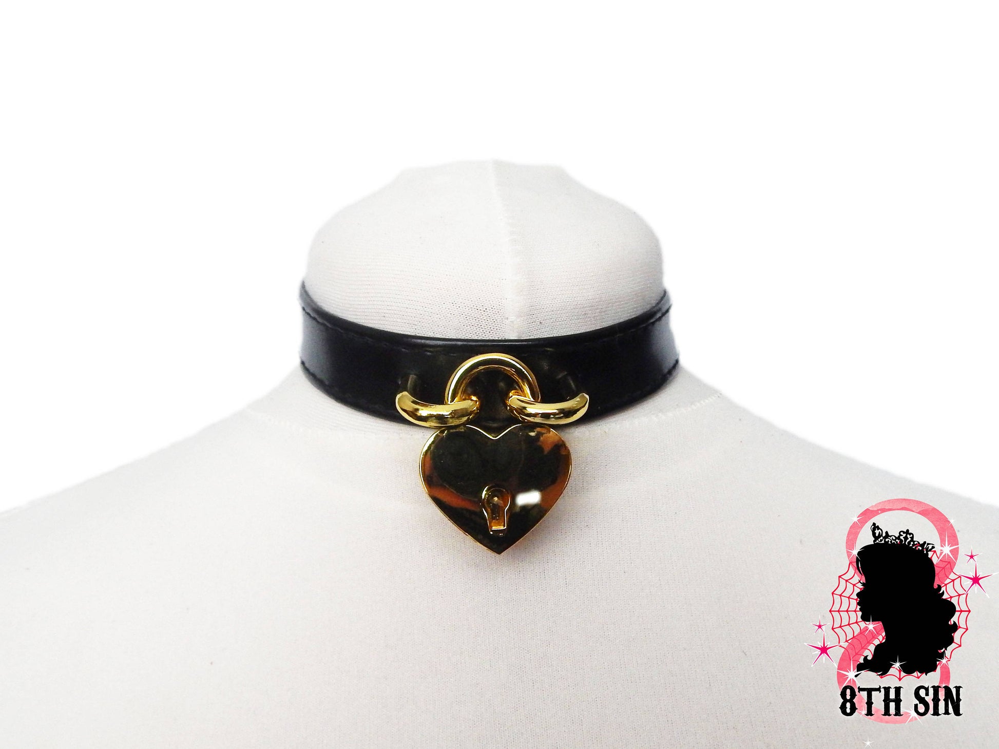 Black and Gold Heart Padlock Choker with Key - 8th Sin