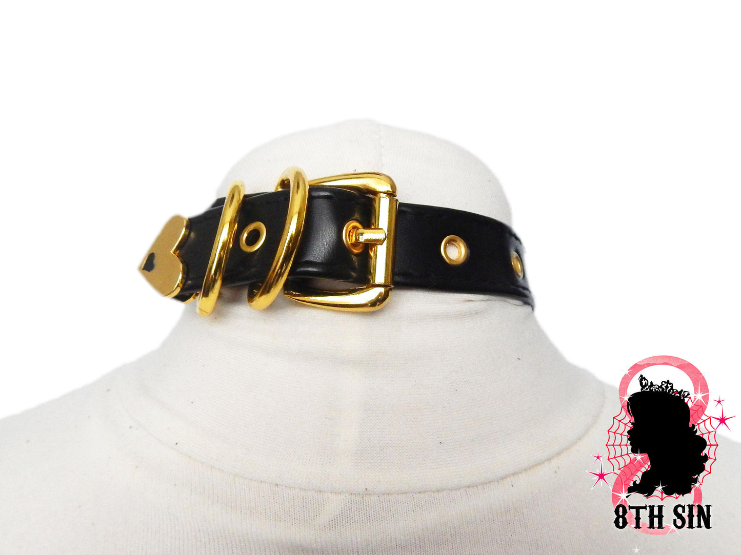 Black and Gold Heart Padlock Choker with Key - 8th Sin