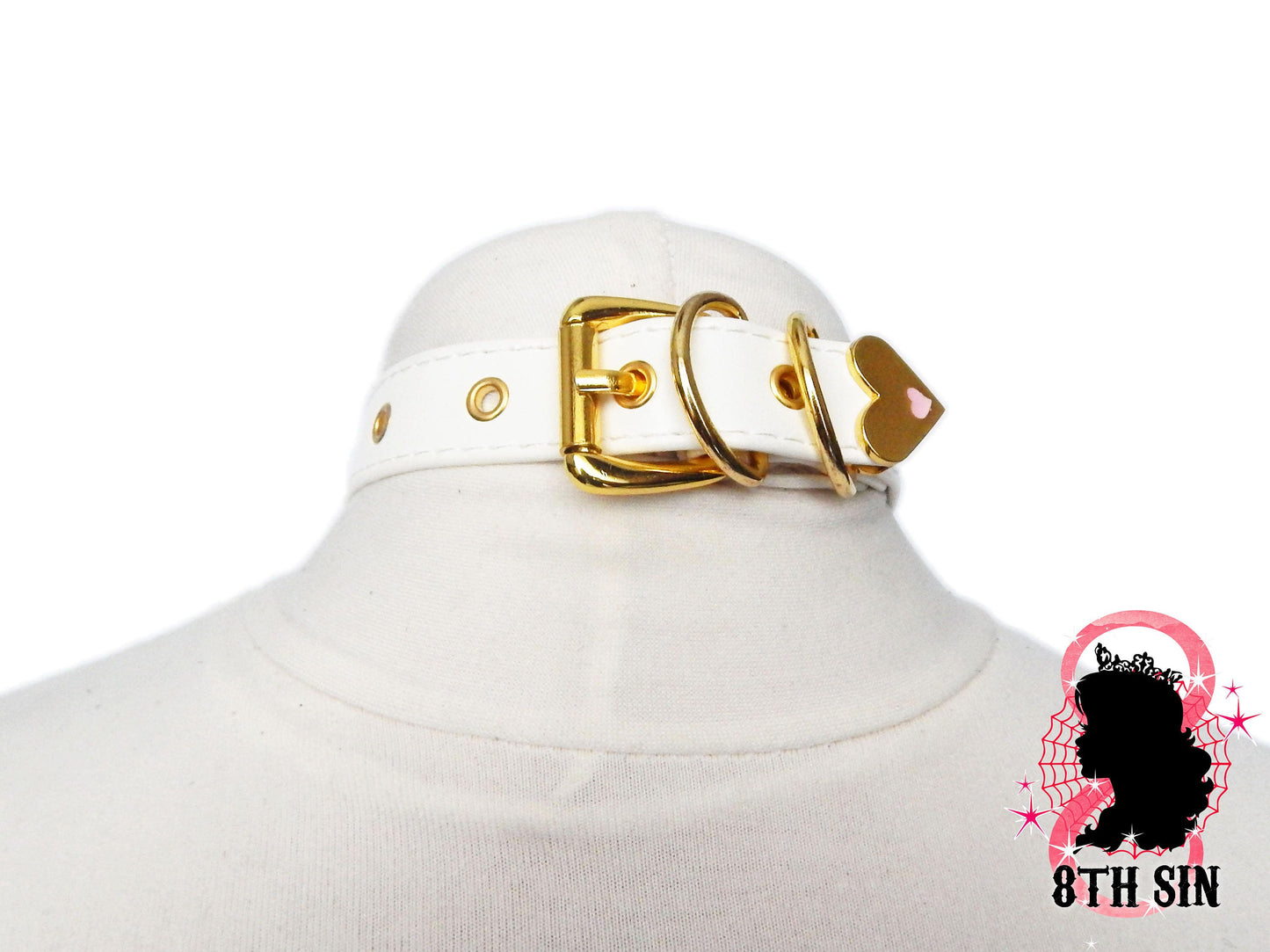 White and Gold Studded Heart Padlock Choker with Key