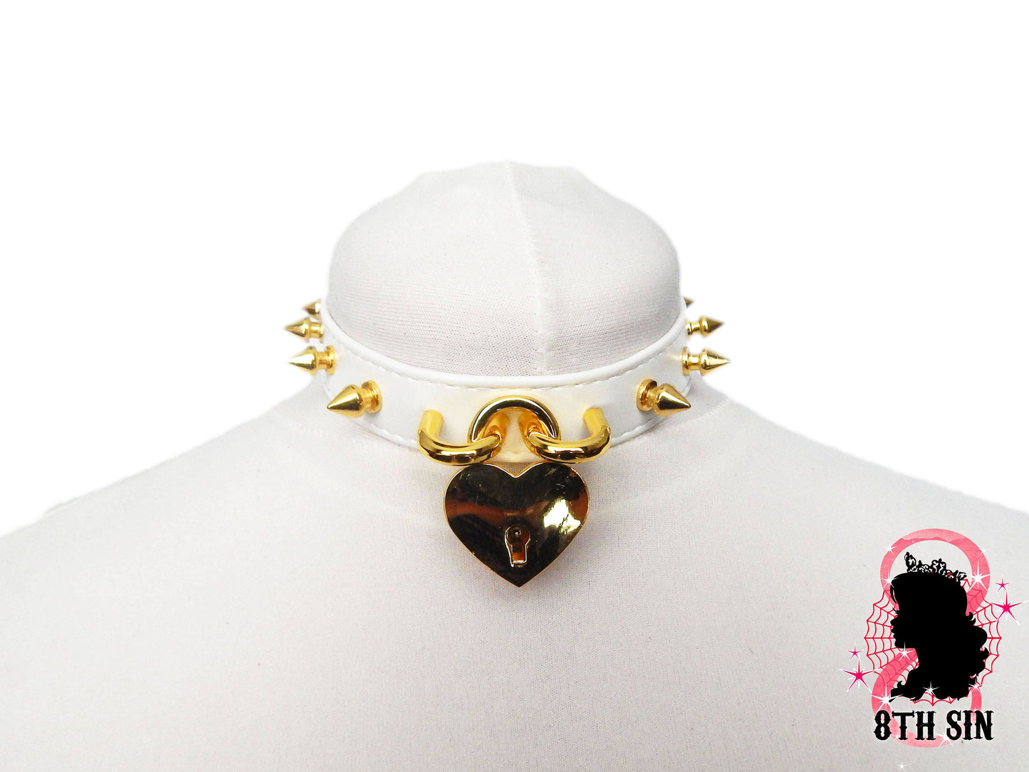 White and Gold Studded Heart Padlock Choker with Key
