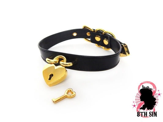 Black and Gold Heart Padlock Choker with Key - 8th Sin