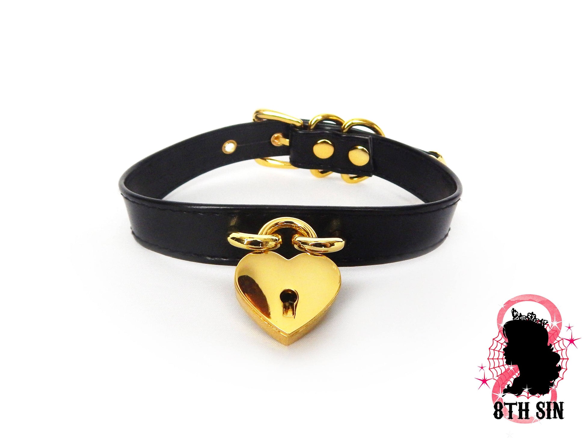 Black and Gold Heart Padlock Choker with Key - 8th Sin