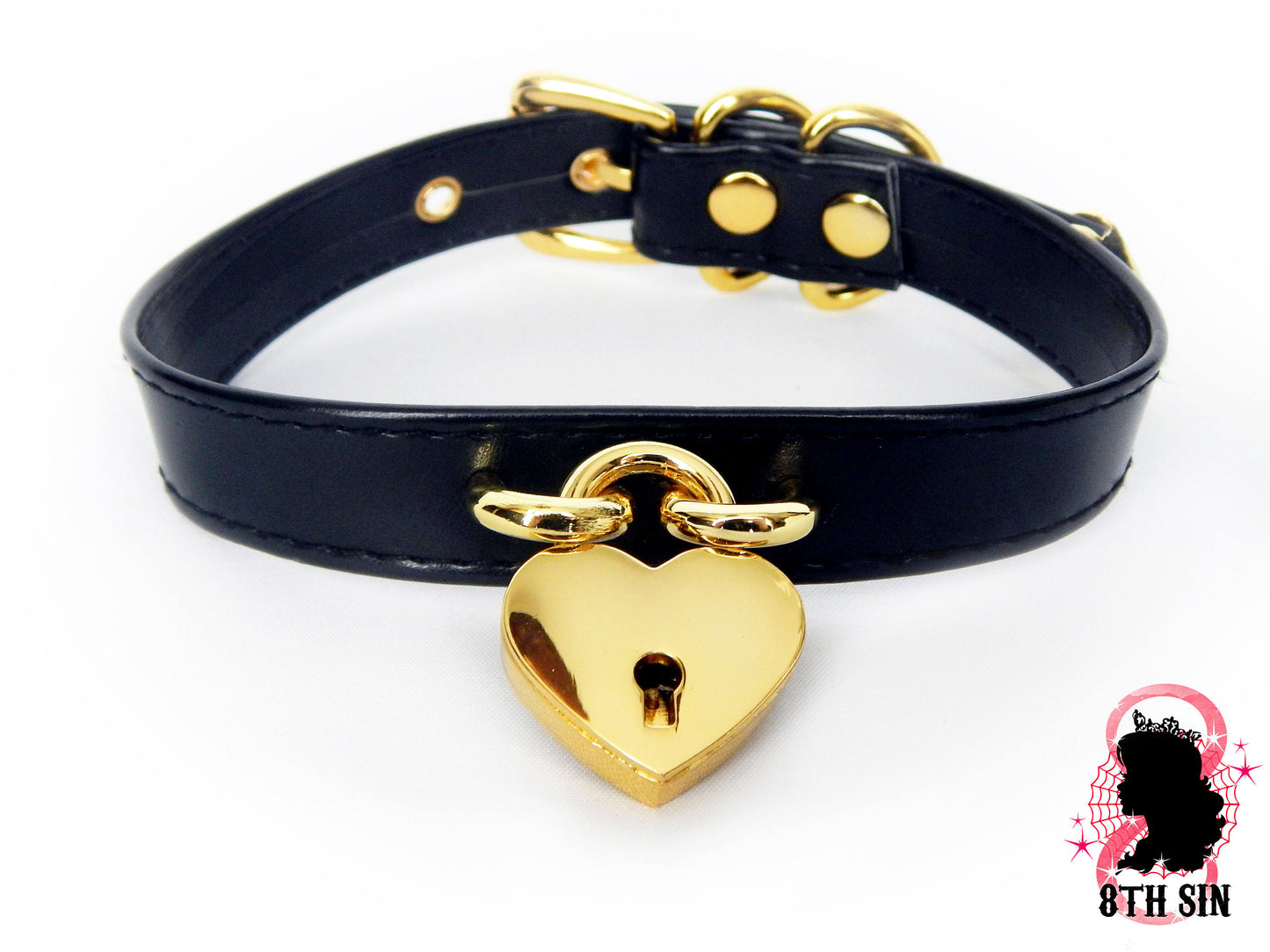 Black and Gold Heart Padlock Choker with Key - 8th Sin