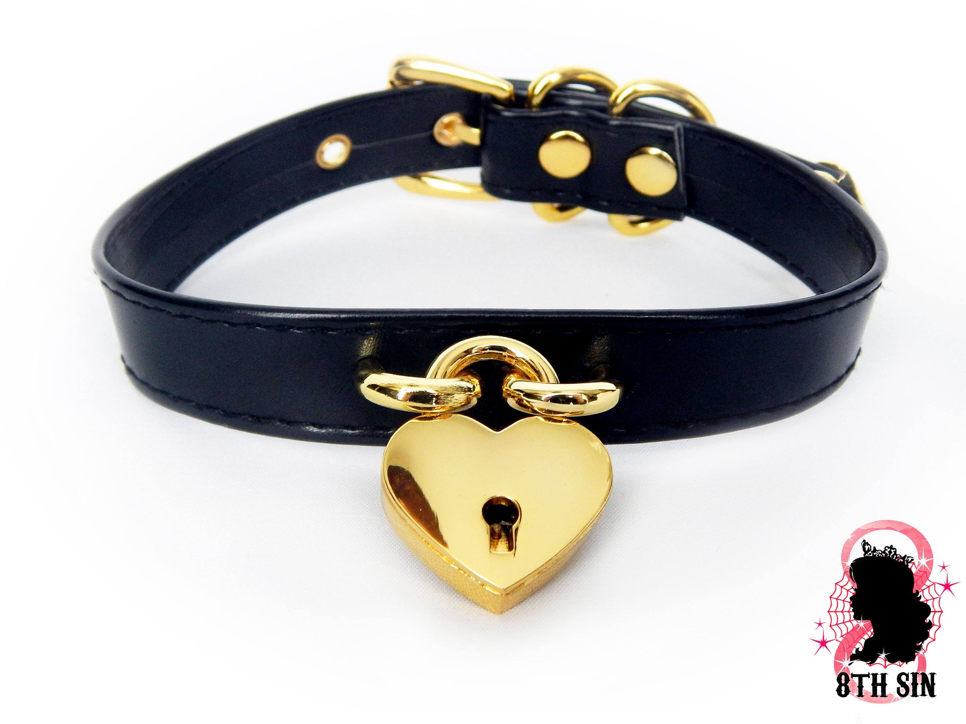 Black and Gold Heart Padlock Choker with Key - 8th Sin