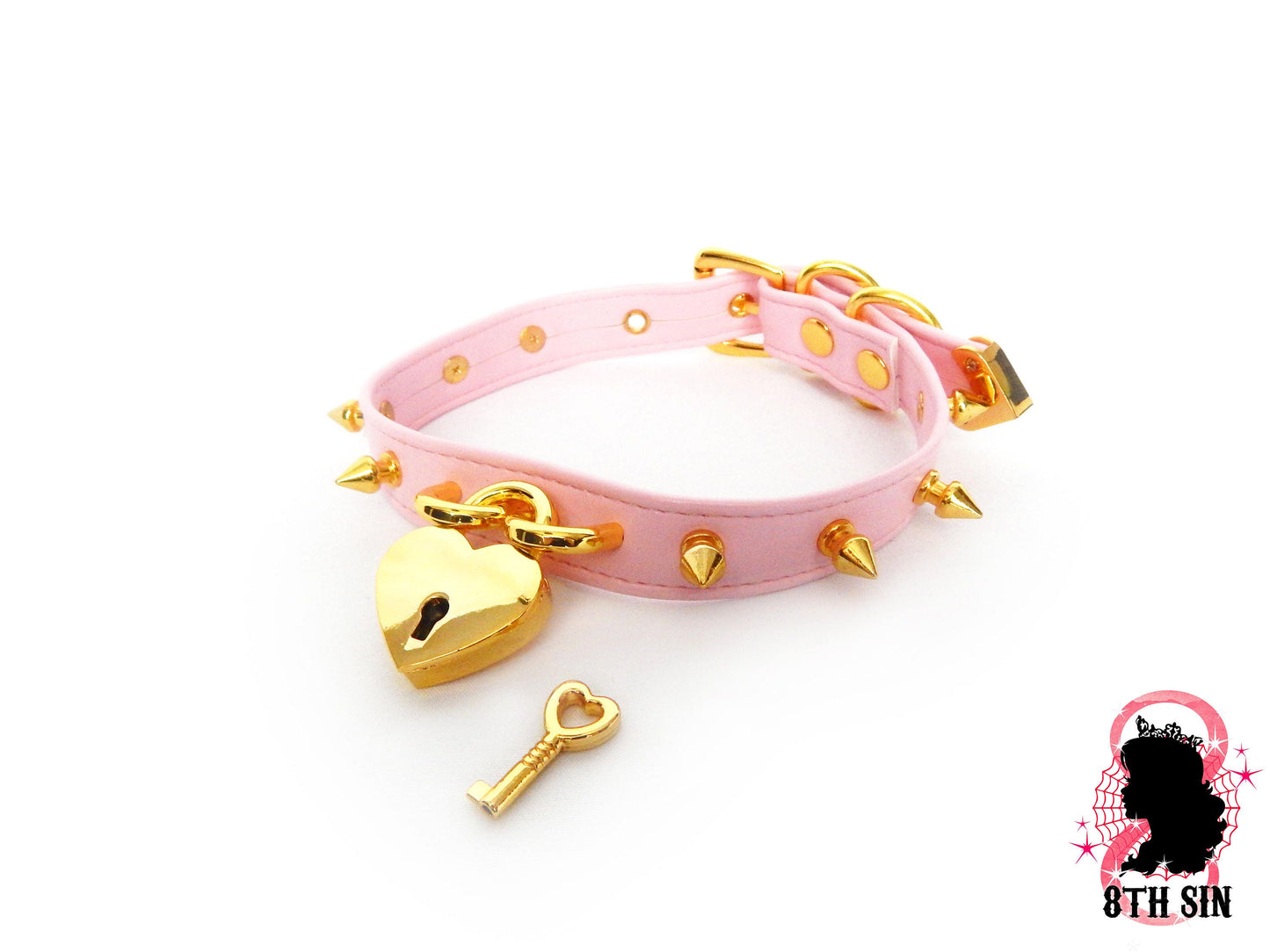 Pink and Gold Studded Heart Padlock Choker with Key