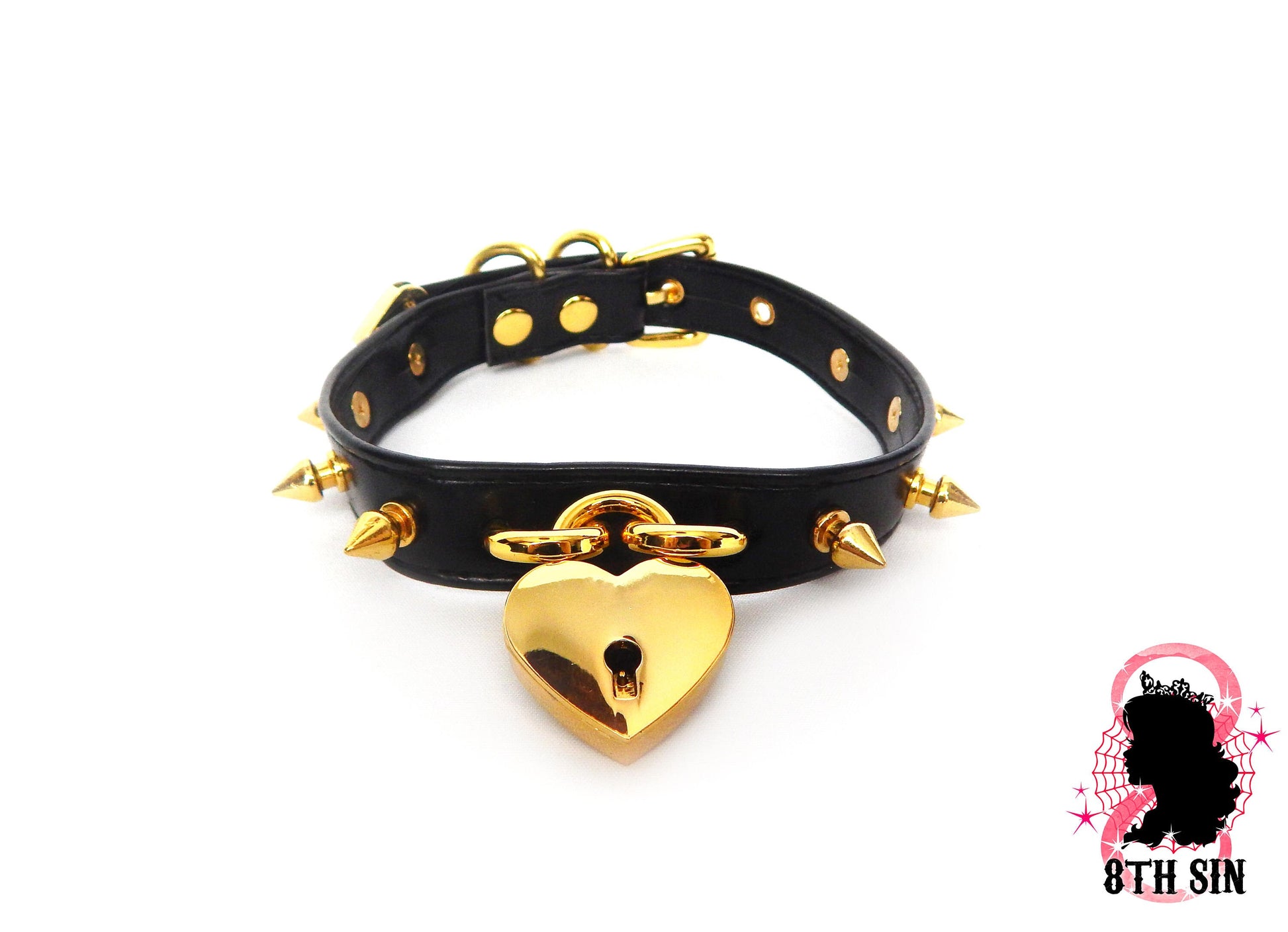 Black and Gold Studded Heart Padlock Choker with Key - 8th Sin