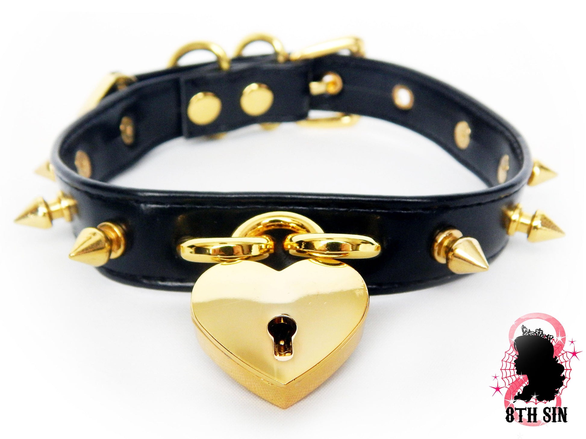 Black and Gold Studded Heart Padlock Choker with Key - 8th Sin