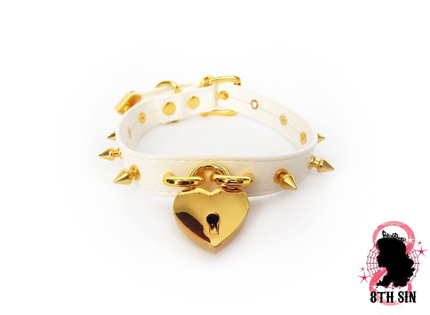 White and Gold Studded Heart Padlock Choker with Key