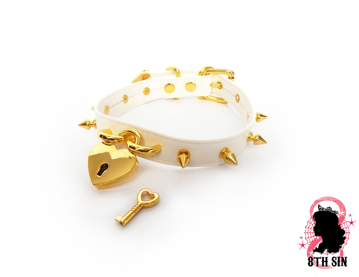 White and Gold Studded Heart Padlock Choker with Key