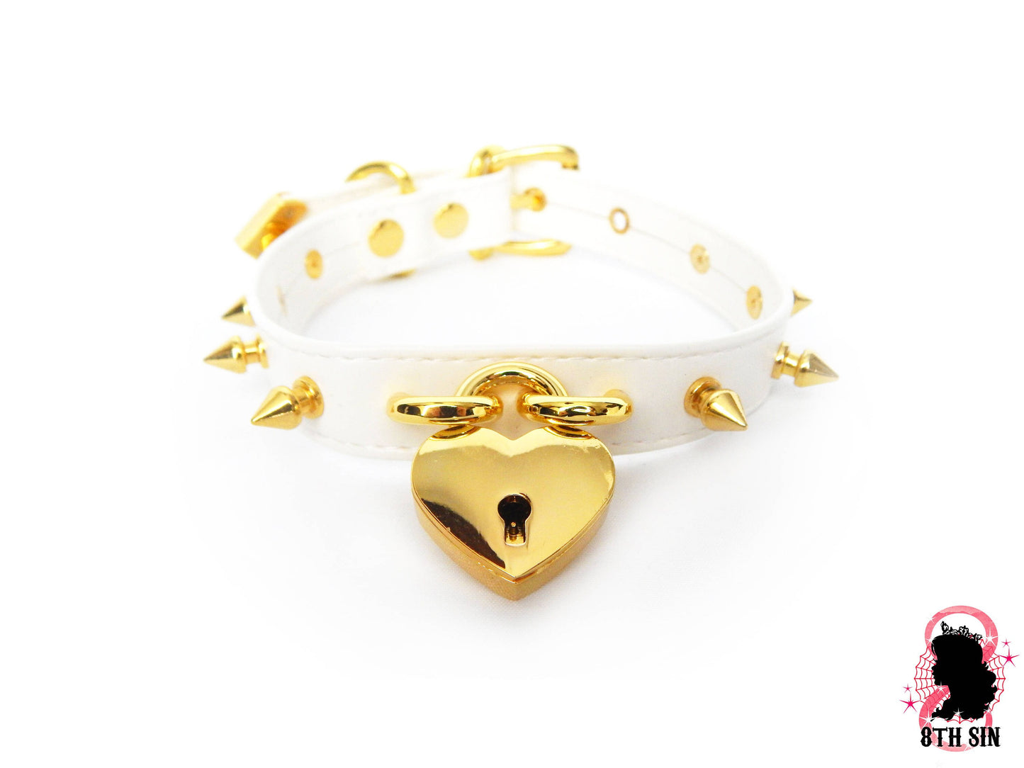 White and Gold Studded Heart Padlock Choker with Key