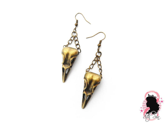 Antique Bronze Chained Bird Skull Earrings - 8th Sin