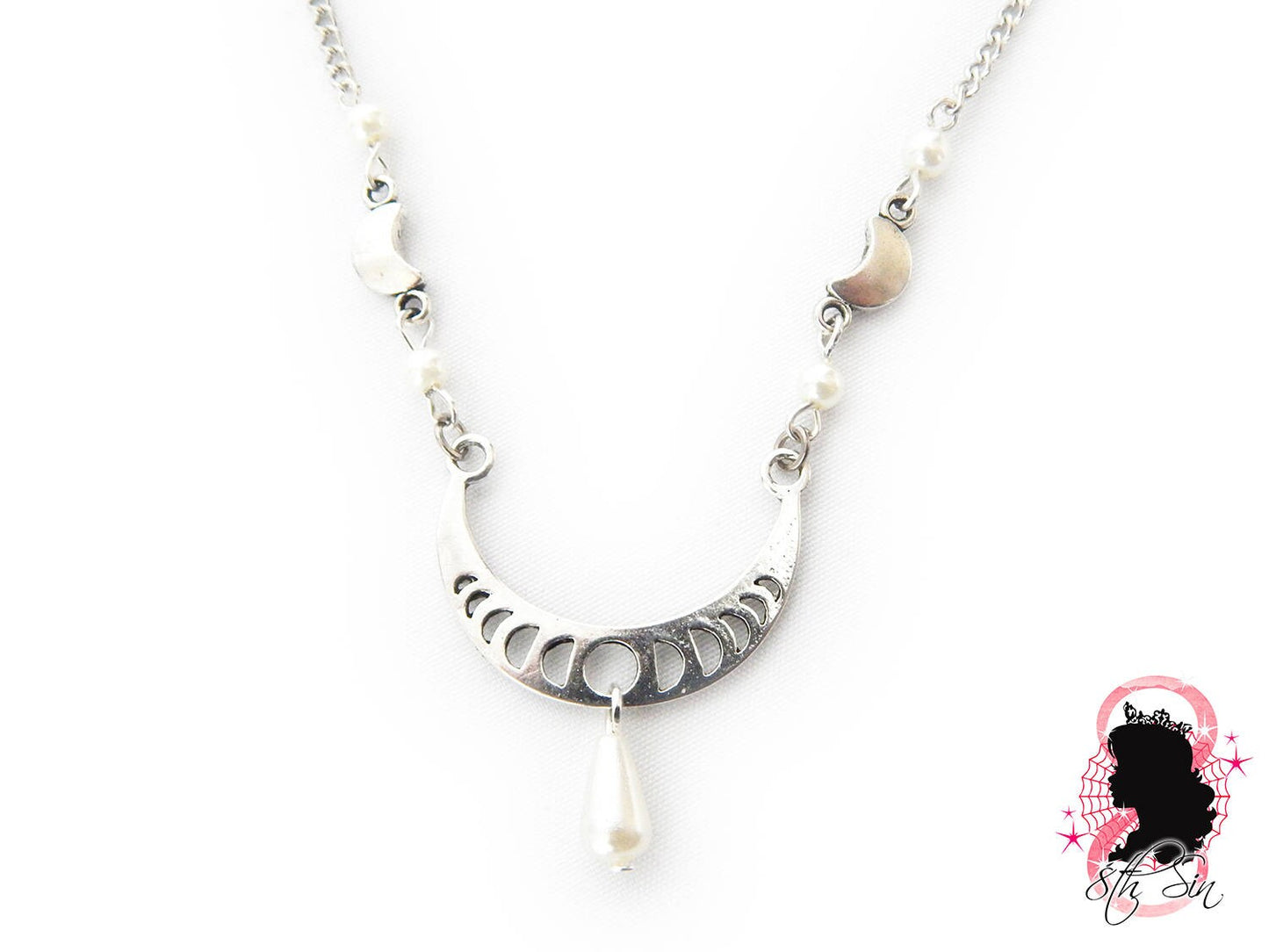 Antique Silver Pearl Moon Necklace - 8th Sin