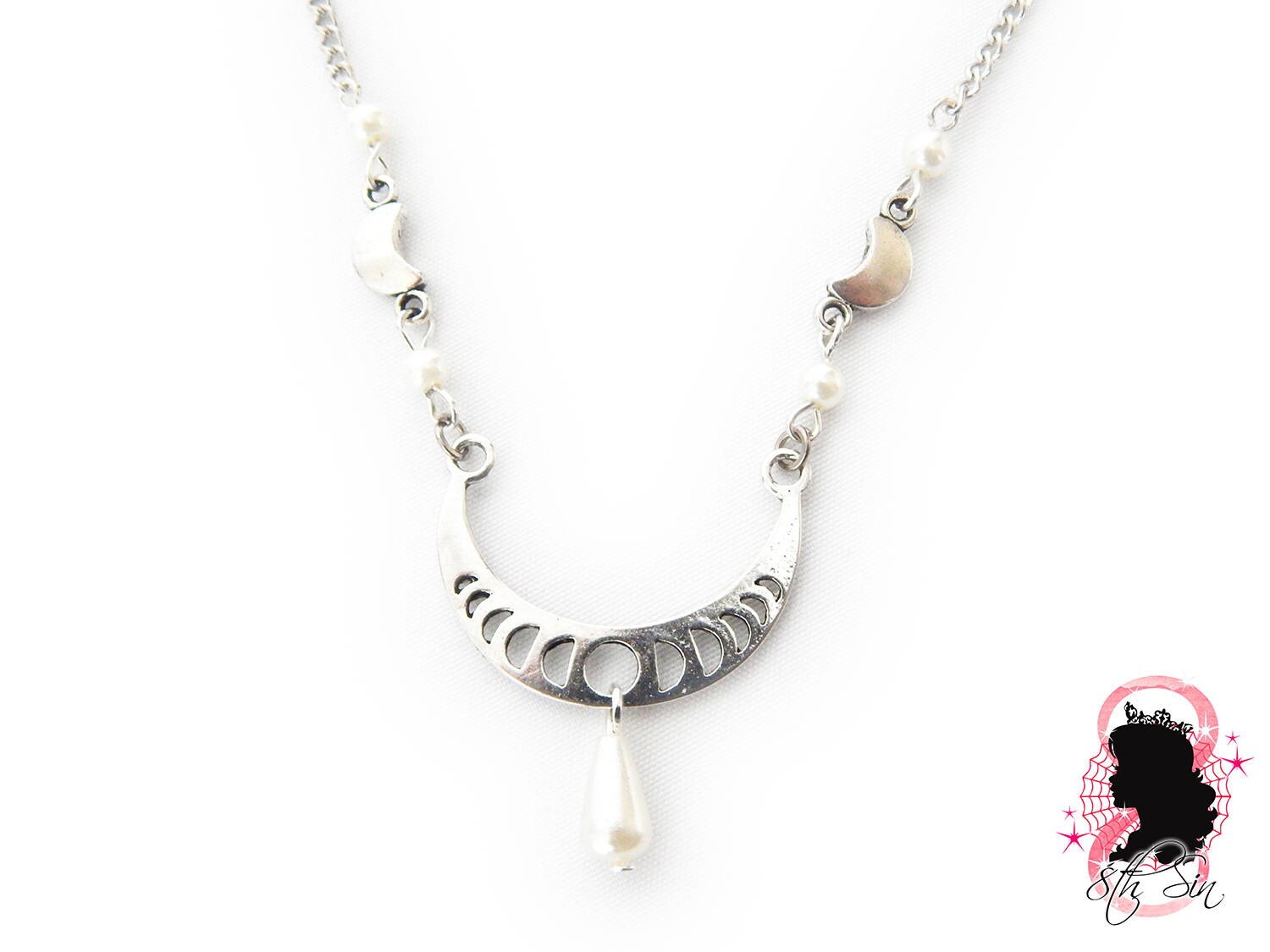 Antique Silver Pearl Moon Necklace - 8th Sin