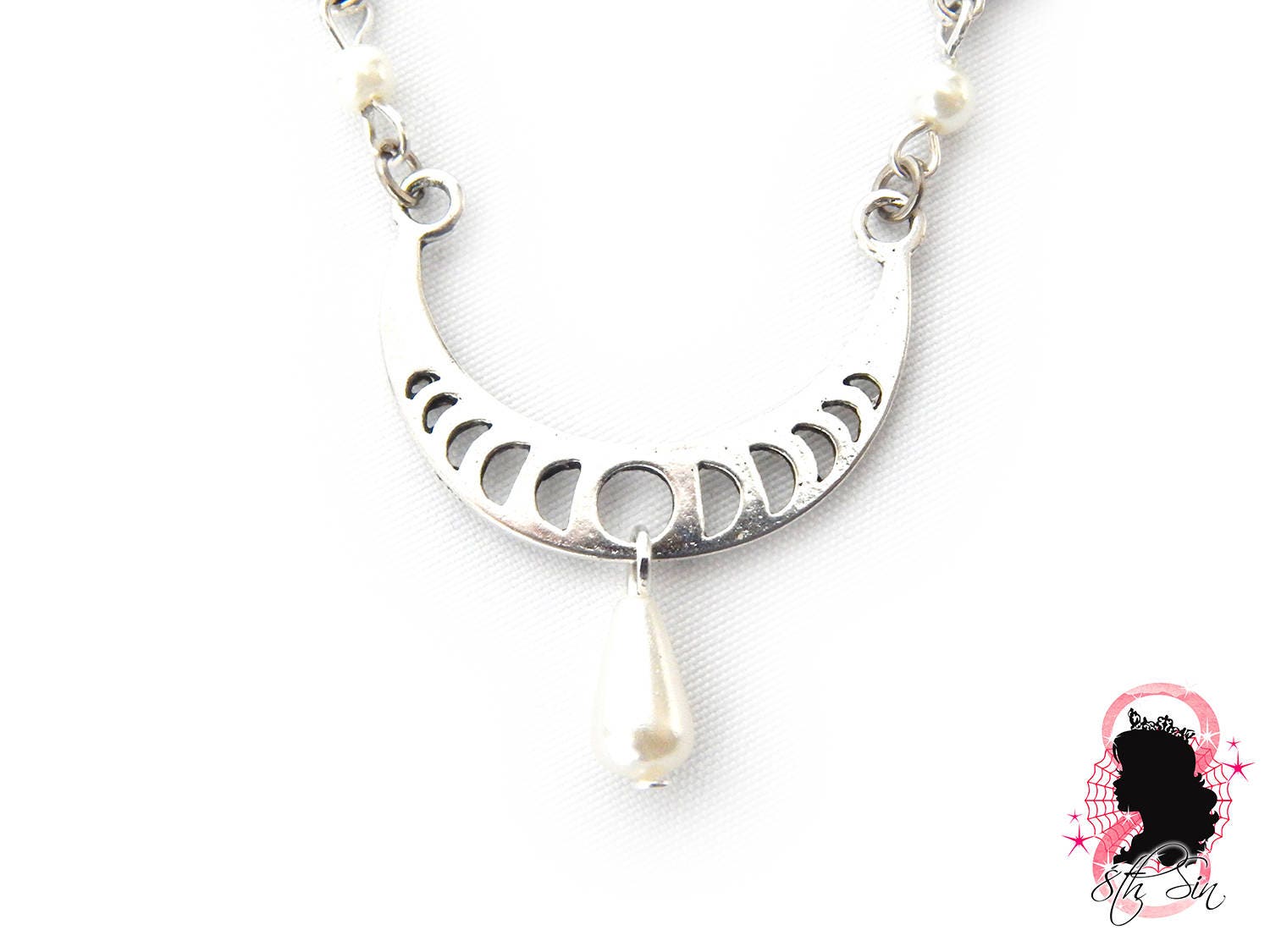 Antique Silver Pearl Moon Necklace - 8th Sin
