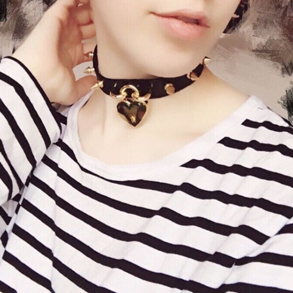 Black and Gold Studded Heart Padlock Choker with Key - 8th Sin