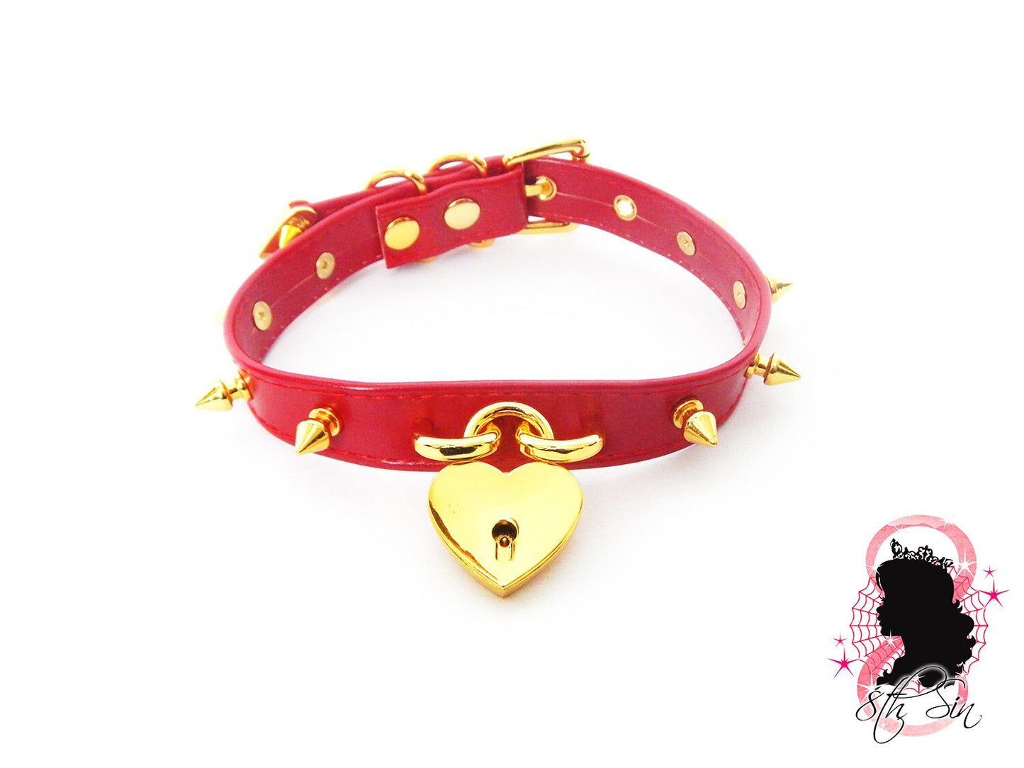 Red and Gold Studded Heart Padlock Choker with Key