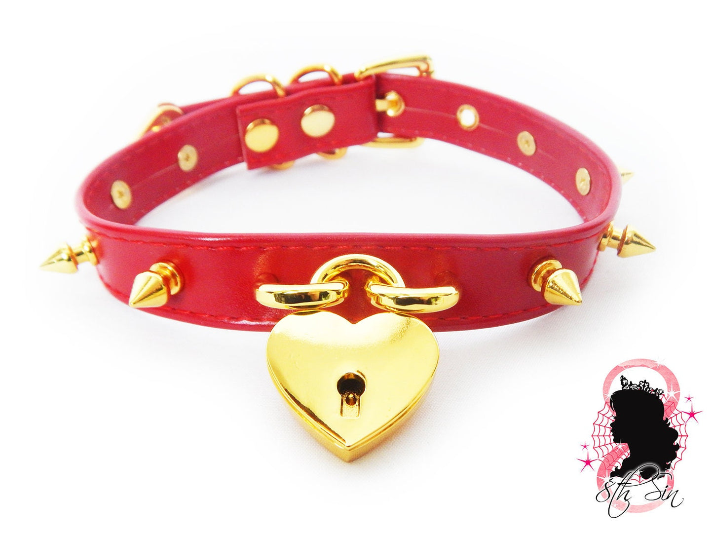 Red and Gold Studded Heart Padlock Choker with Key