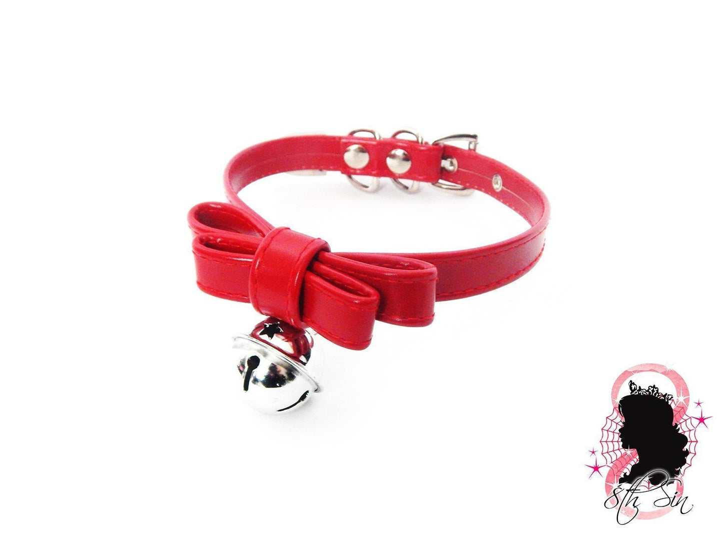 Red Faux Leather Bow and Bell Choker