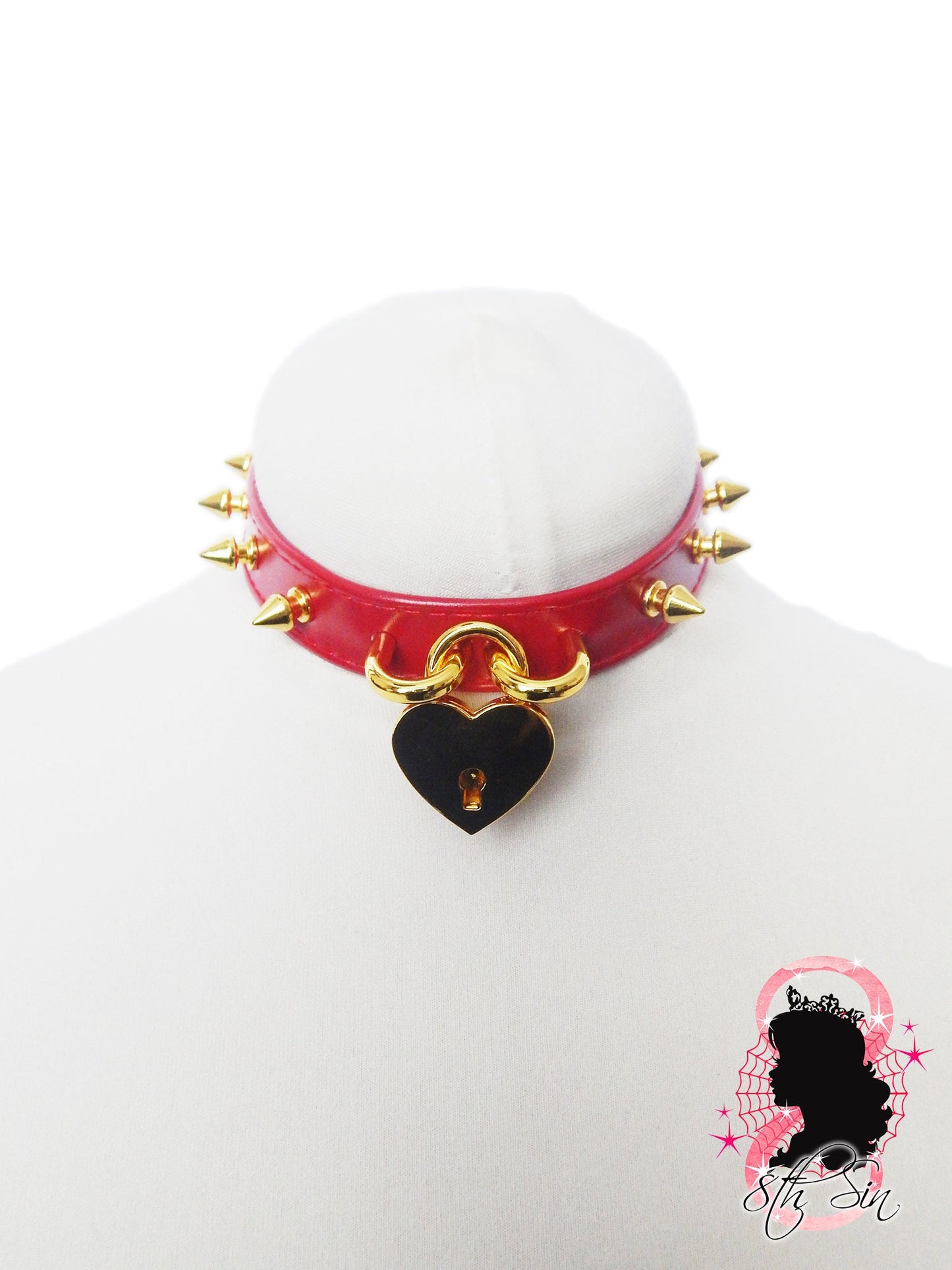 Red and Gold Studded Heart Padlock Choker with Key