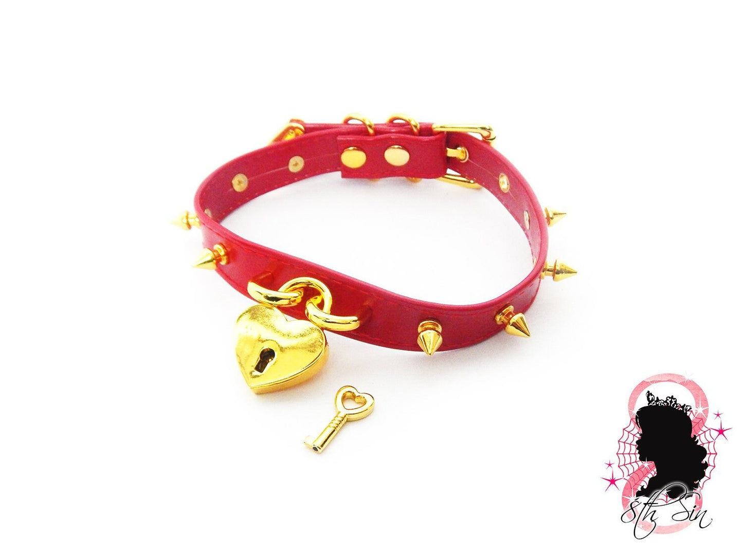Red and Gold Studded Heart Padlock Choker with Key