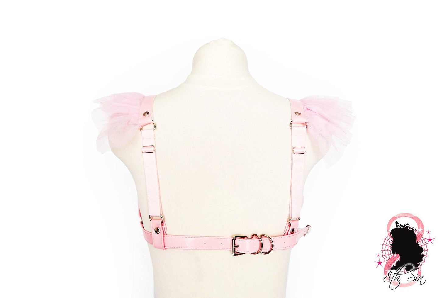 Pink Vegan Leather Ruffled Harness Bra
