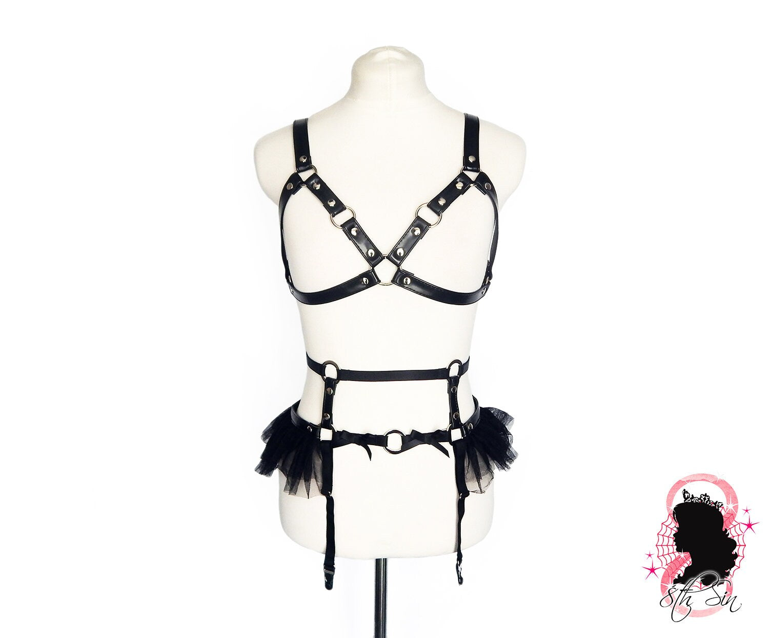 Black Vegan Leather Cage Harness Set - 8th Sin