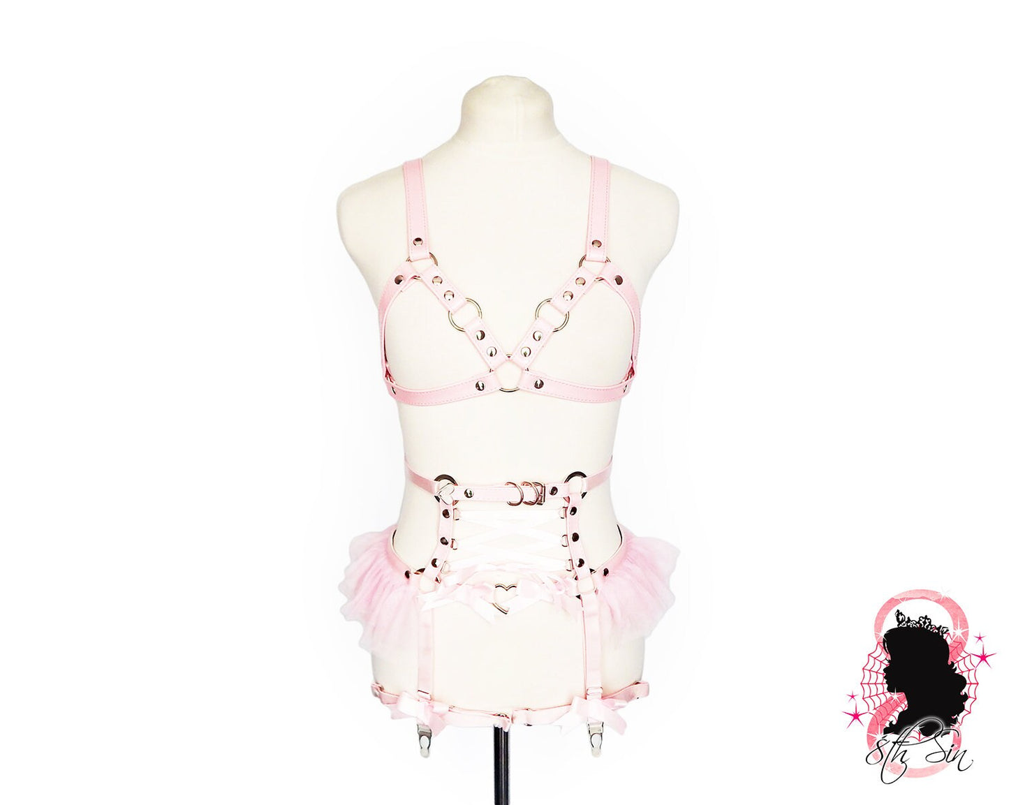 Pink Vegan Leather Cage and Corset Harness Set