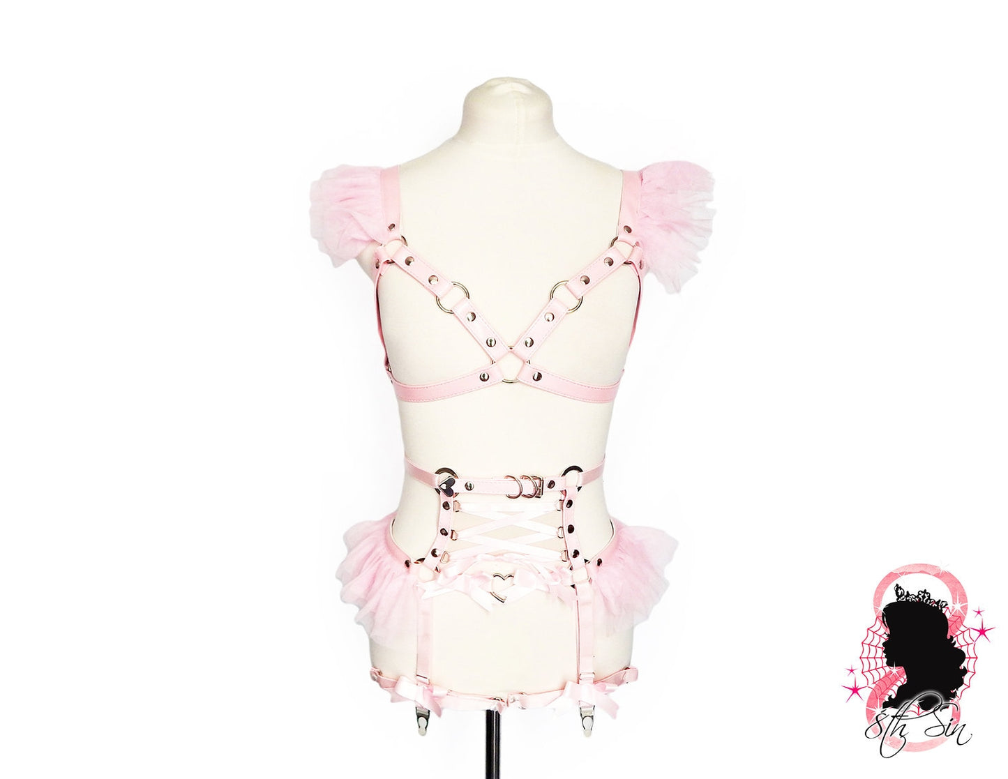 Pink Vegan Leather Corset Body Harness Set - 8th Sin