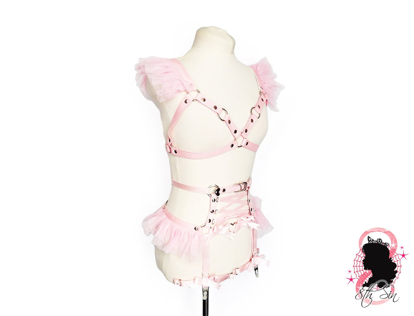 Pink Vegan Leather Corset Body Harness Set - 8th Sin