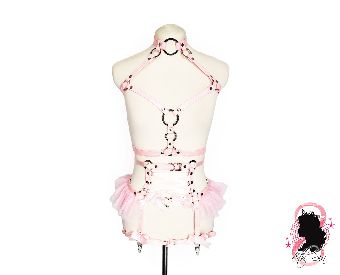 Pink Vegan Leather O Ring and Corset Harness Set