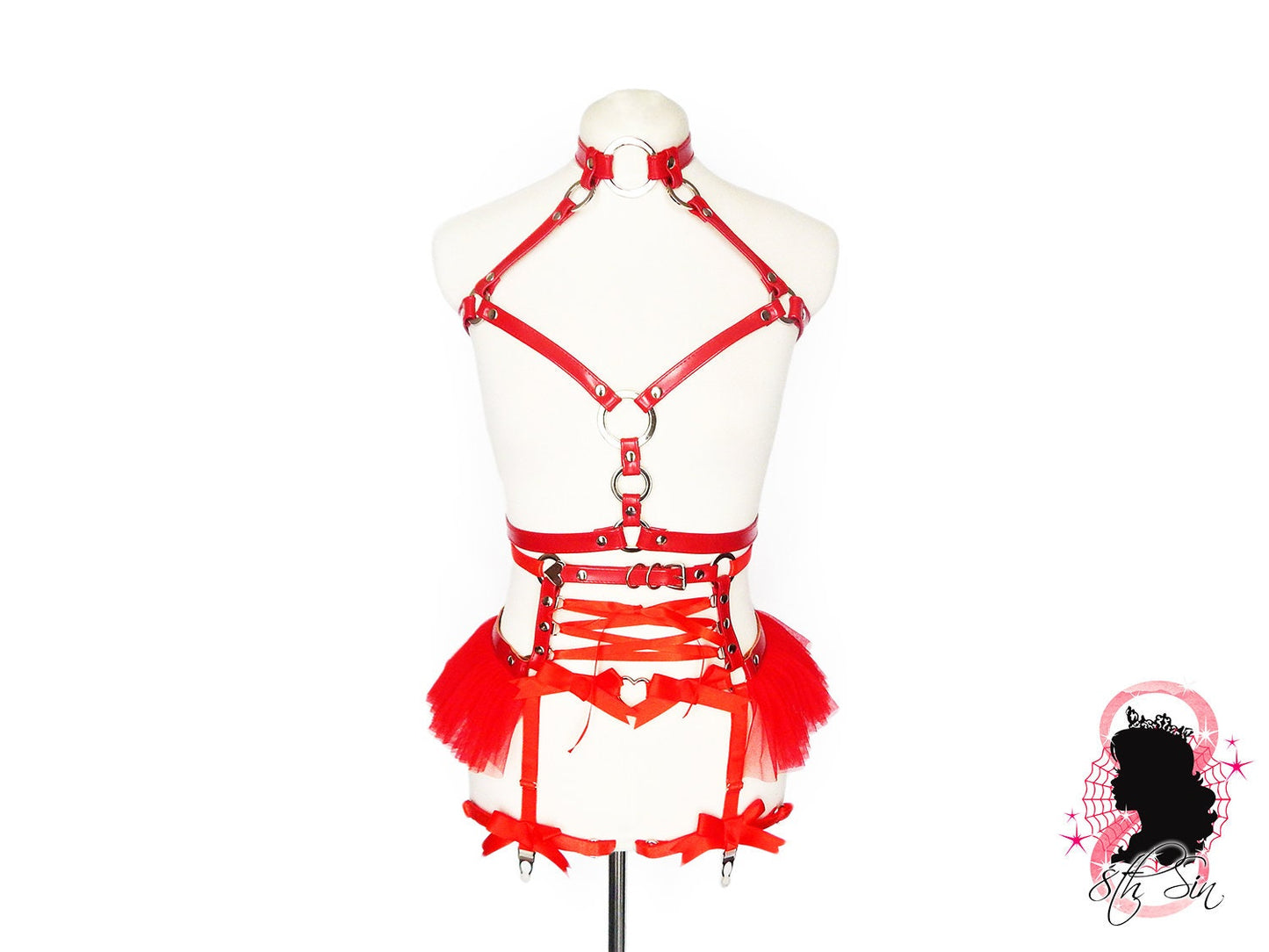 Red Vegan Leather O Ring and Corset Harness Set