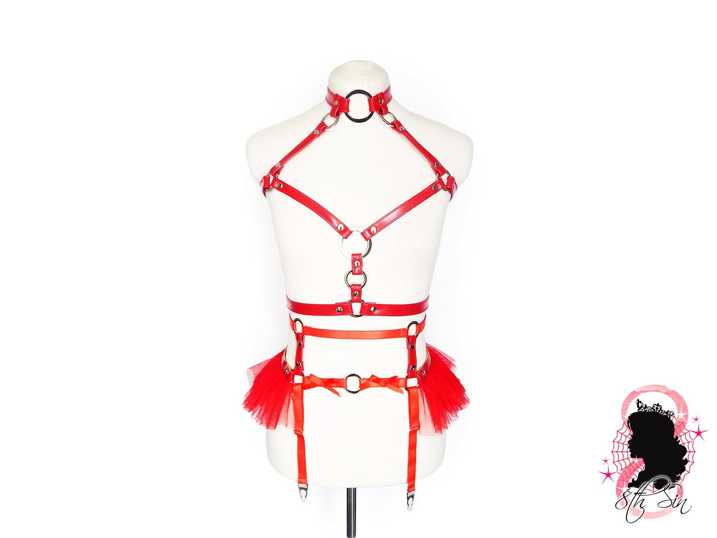 Red Vegan Leather O Ring Harness Set