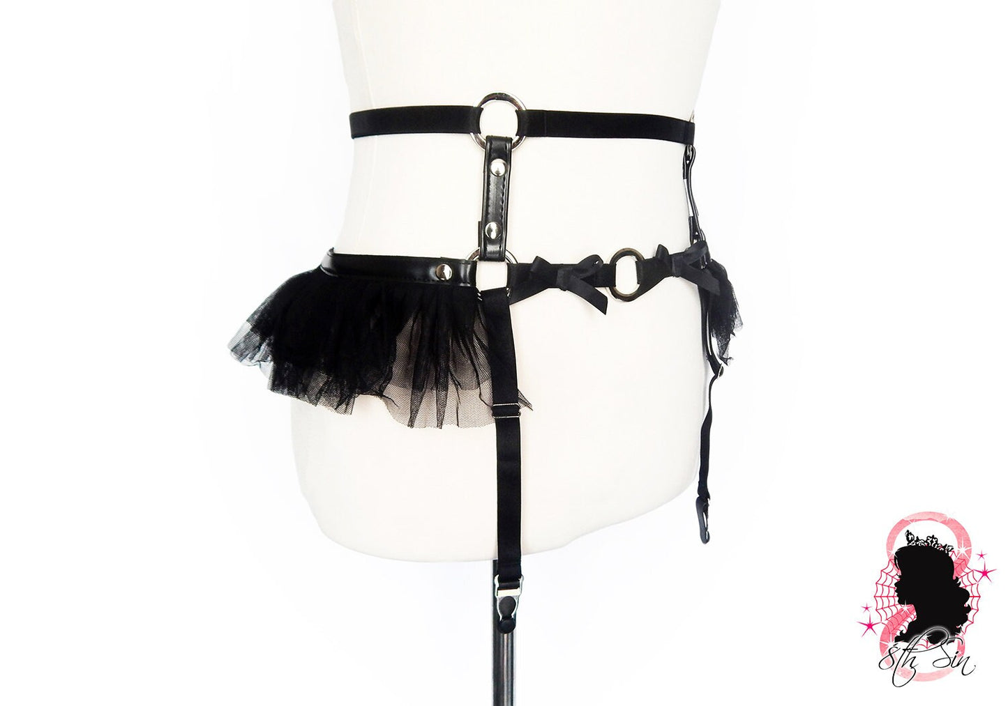 Black Vegan Leather Caged Mesh Body Harness Set - 8th Sin