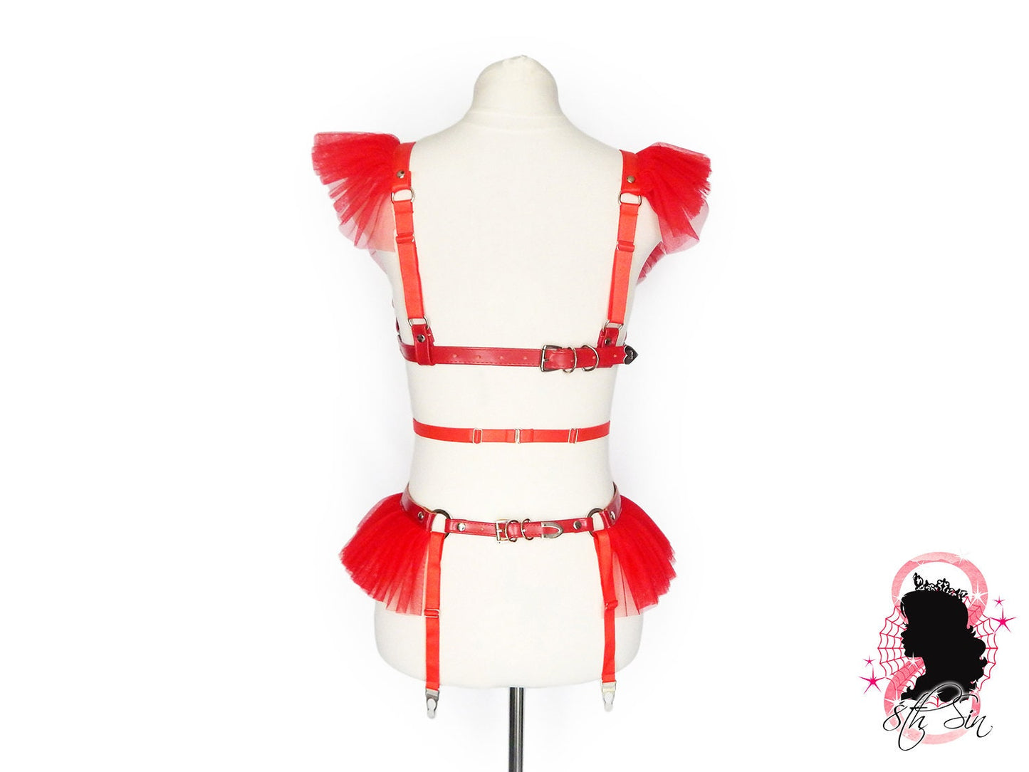 Red Vegan Leather Caged Mesh Body Harness Set