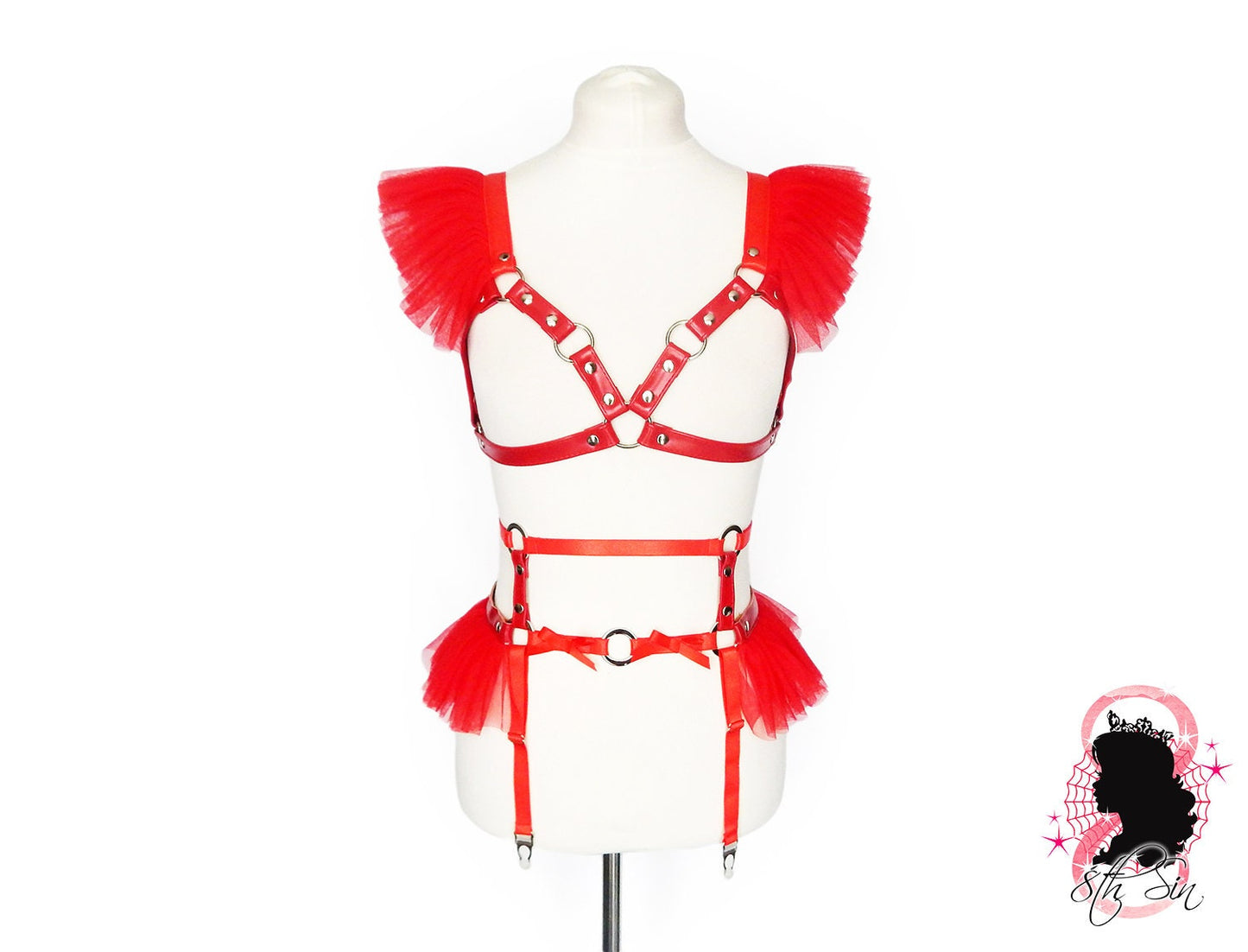 Red Vegan Leather Caged Mesh Body Harness Set