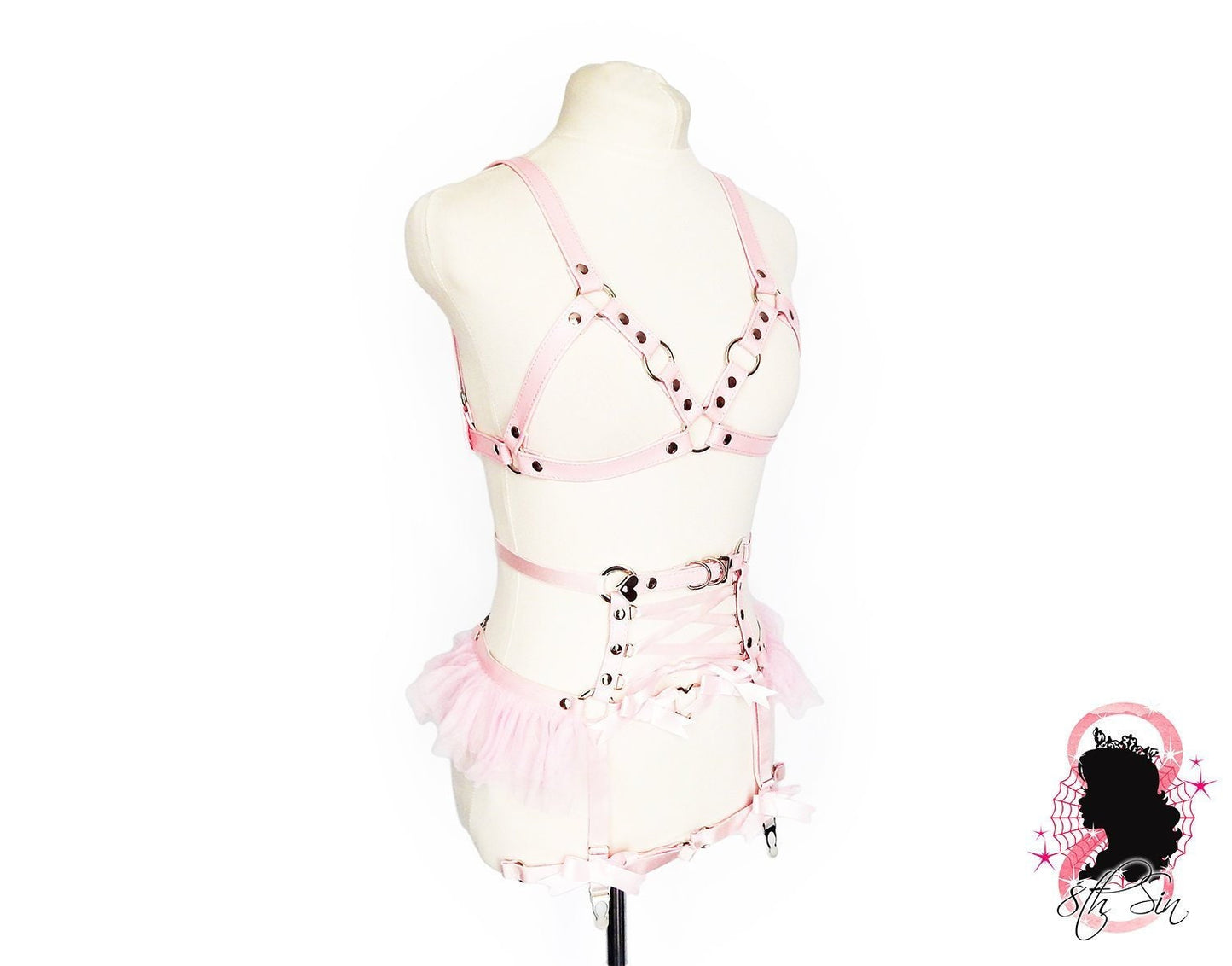 Pink Vegan Leather Cage and Corset Harness Set